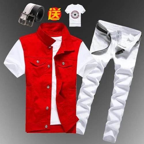 2pcs Set Men’s Boys Casual Denim Vest Sleeveless Waistcoat + Jeans Pants Trousers for Summer Autumn Spring, Free T-shirt & Belt Included - Giggles And Grab