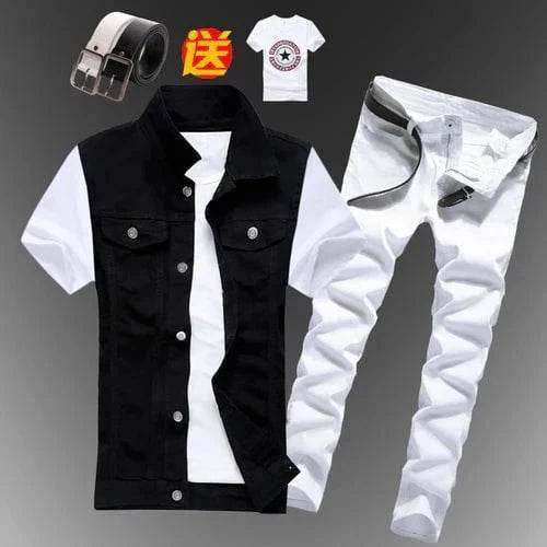 2pcs Set Men’s Boys Casual Denim Vest Sleeveless Waistcoat + Jeans Pants Trousers for Summer Autumn Spring, Free T-shirt & Belt Included - Giggles And Grab