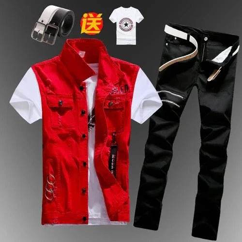 2pcs Set Men’s Boys Casual Denim Vest Sleeveless Waistcoat + Jeans Pants Trousers for Summer Autumn Spring, Free T-shirt & Belt Included - Giggles And Grab