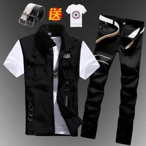 2pcs Set Men’s Boys Casual Denim Vest Sleeveless Waistcoat + Jeans Pants Trousers for Summer Autumn Spring, Free T-shirt & Belt Included - Giggles And Grab