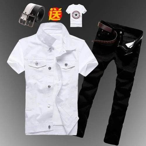 2pcs Set Men’s Boys Casual Denim Vest Sleeveless Waistcoat + Jeans Pants Trousers for Summer Autumn Spring, Free T-shirt & Belt Included - Giggles And Grab