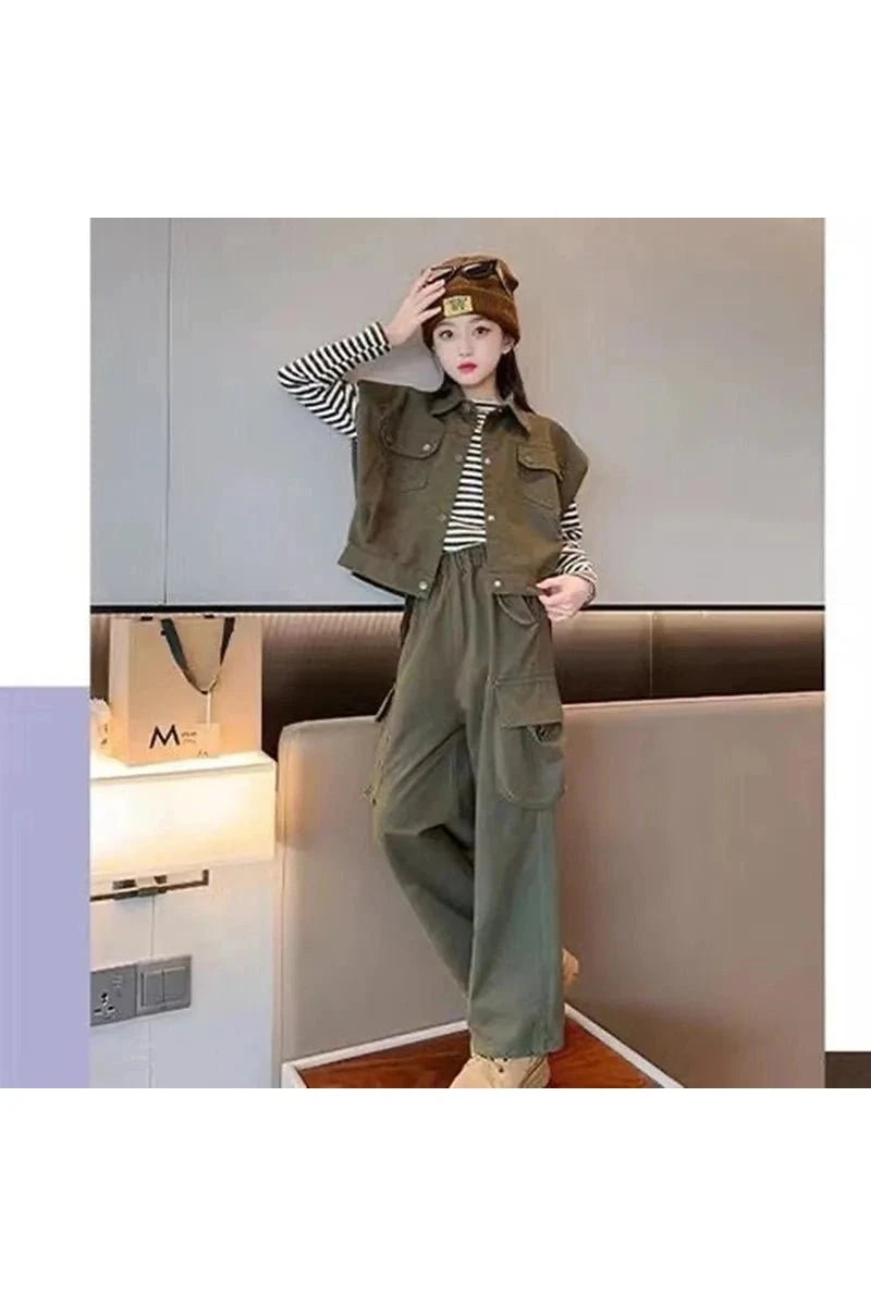 Giggles And Grab Children clothing for girls Child Girl 3-Piece Outfit Set - T-Shirt, Vest & Pants (6-14 Years) - 2024 New Collection"