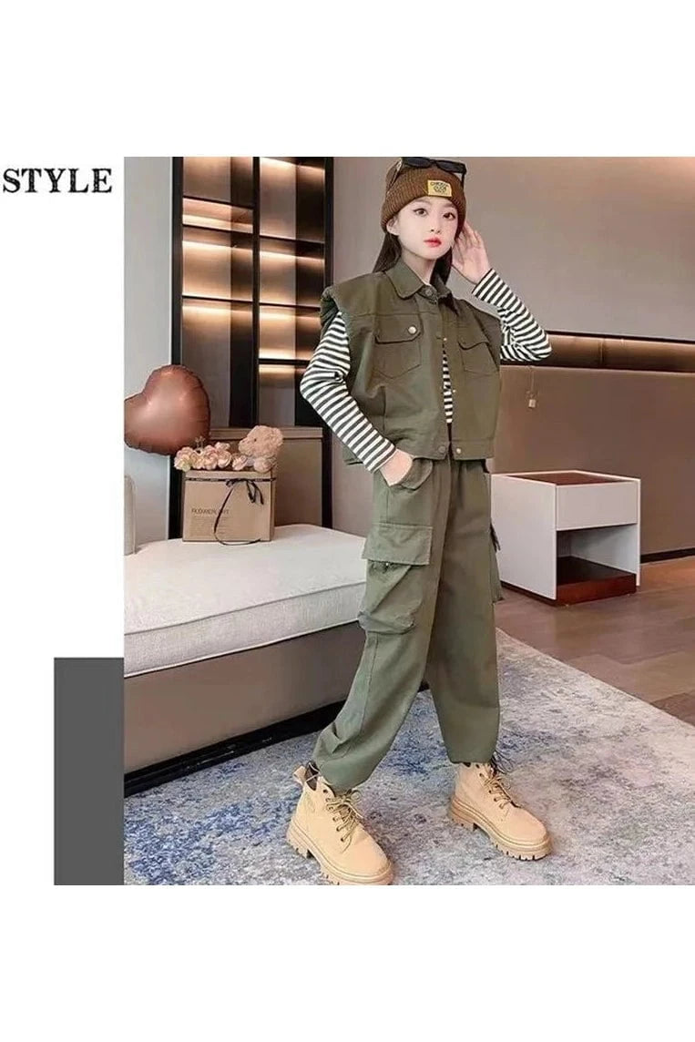 Giggles And Grab Children clothing for girls Child Girl 3-Piece Outfit Set - T-Shirt, Vest & Pants (6-14 Years) - 2024 New Collection"