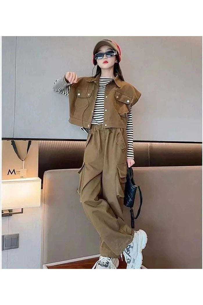 Giggles And Grab Children clothing for girls Vest pants 1 / 6T 130CM Child Girl 3-Piece Outfit Set - T-Shirt, Vest & Pants (6-14 Years) - 2024 New Collection"