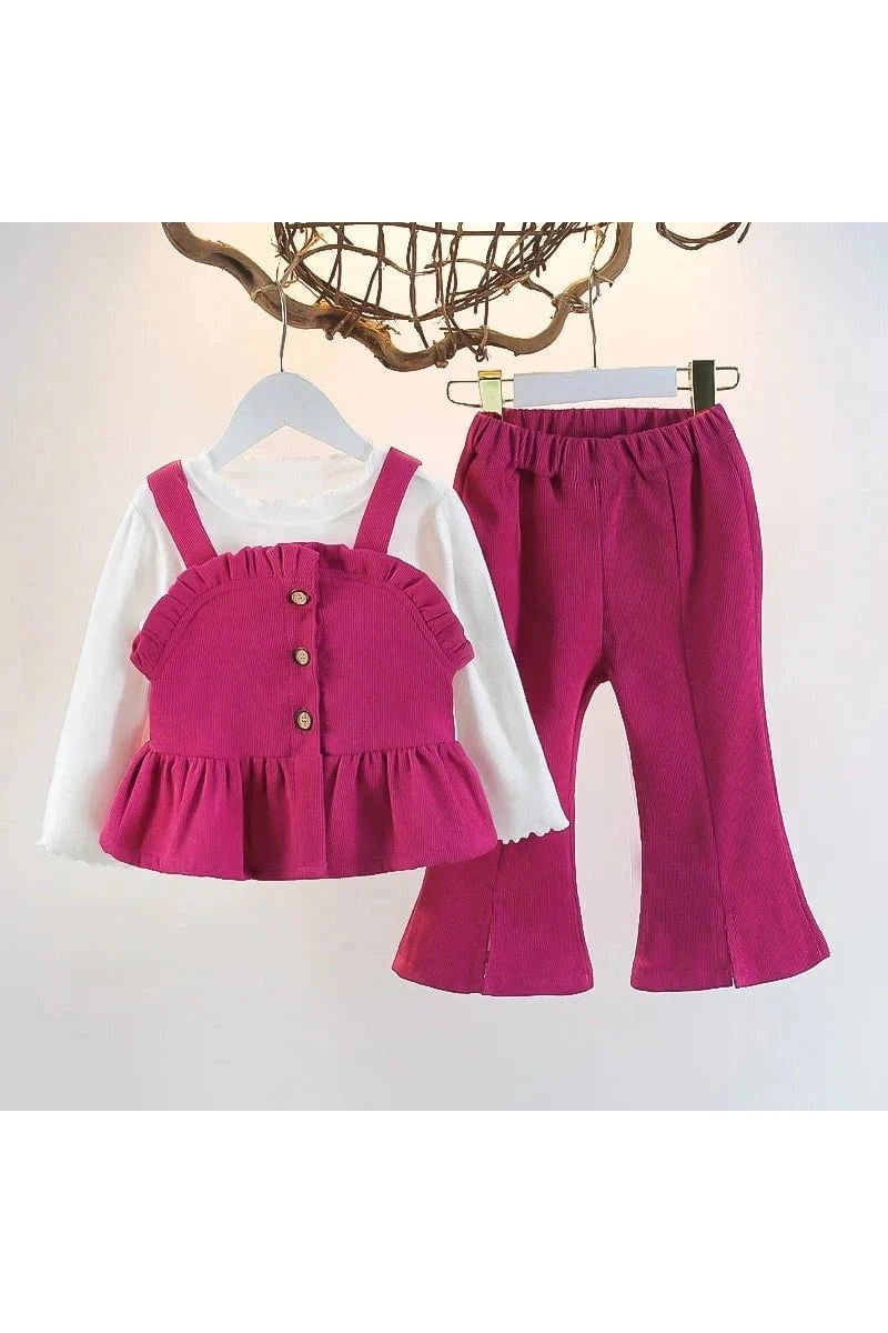 Giggles And Grab Girs Corduroy Sets Red / 12M(Size 80) "Girls' 3-Piece Corduroy Clothing Set - Camisole, Long Sleeve Top & Flared Pants for Autumn 2024"