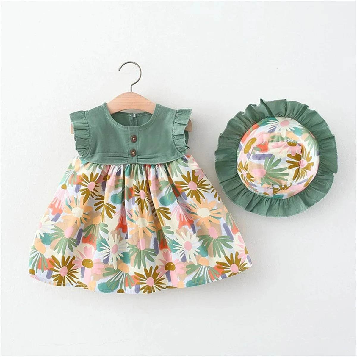 2-Piece Baby Girl Beach Outfit Baby Floral Patchwork Sleeveless Sweet Loose Fitting Dress + Sun Hat Children's Sweet Clothes - Giggles And Grab