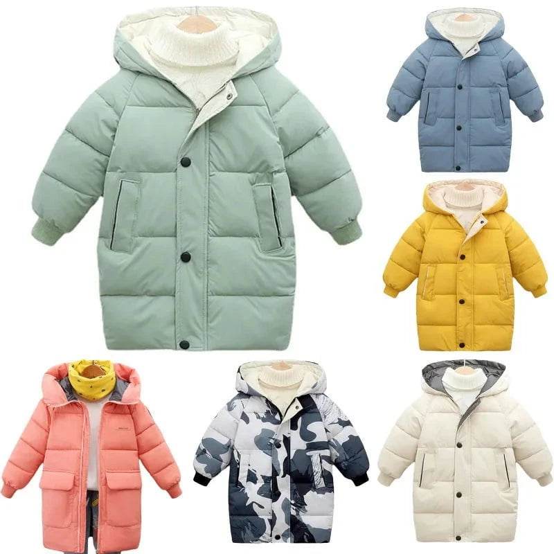 Kids Down Long Outerwear Winter Autumn Teen Cotton Clothes Boys Girls Cotton-Padded Parka Coats Big Children Thicken Warm Jacket - Giggles And Grab