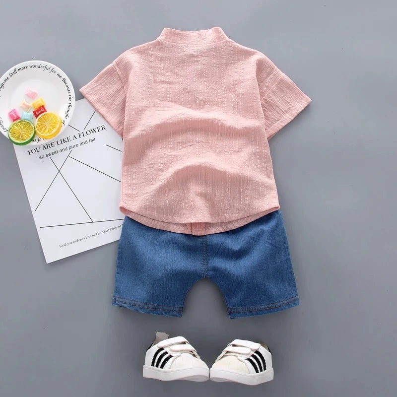 Giggles And Grab New Summer Hot Sale Toddler Kids Baby Boys Shirt Cartoon Tops Denim Shorts Pants Outfits Set Baby Clothes