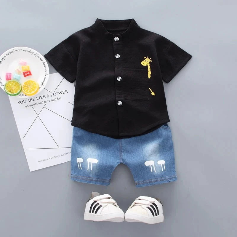 Giggles And Grab New Summer Hot Sale Toddler Kids Baby Boys Shirt Cartoon Tops Denim Shorts Pants Outfits Set Baby Clothes