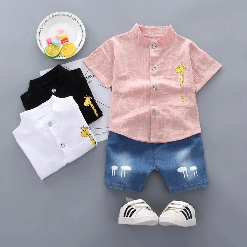 Giggles And Grab New Summer Hot Sale Toddler Kids Baby Boys Shirt Cartoon Tops Denim Shorts Pants Outfits Set Baby Clothes