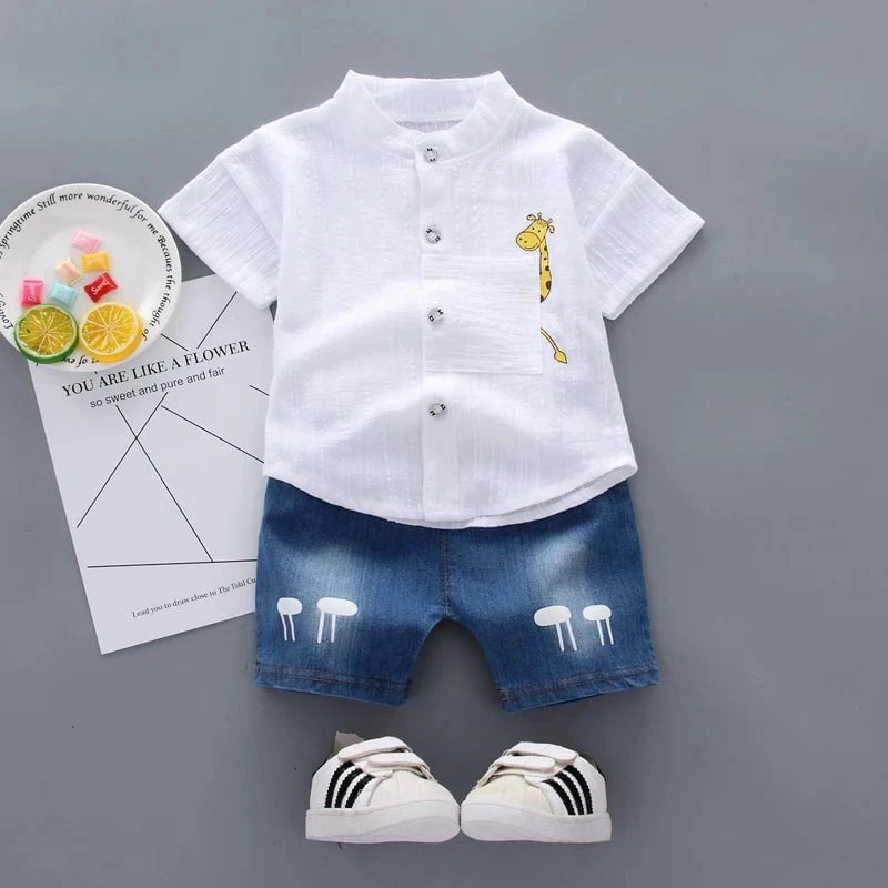Giggles And Grab New Summer Hot Sale Toddler Kids Baby Boys Shirt Cartoon Tops Denim Shorts Pants Outfits Set Baby Clothes