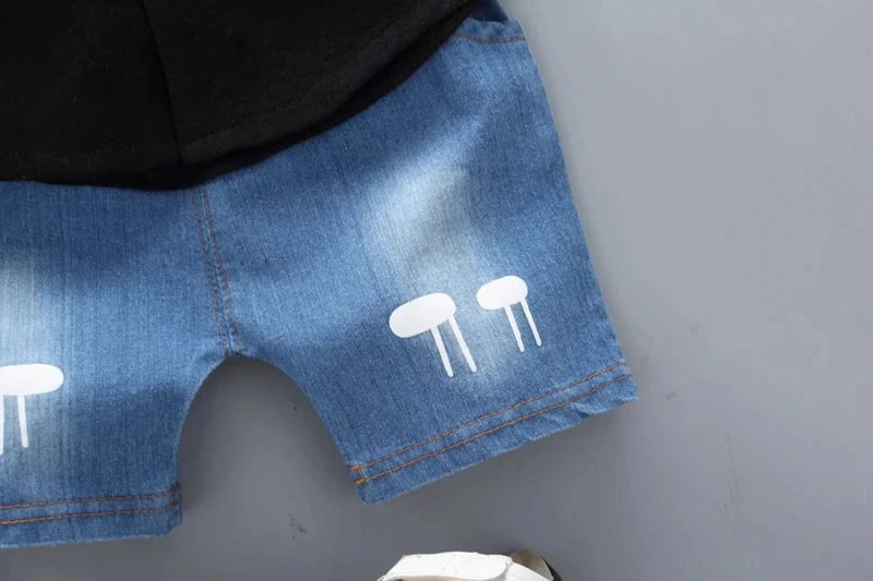 Giggles And Grab New Summer Hot Sale Toddler Kids Baby Boys Shirt Cartoon Tops Denim Shorts Pants Outfits Set Baby Clothes