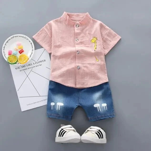 Giggles And Grab Pink / 24M New Summer Hot Sale Toddler Kids Baby Boys Shirt Cartoon Tops Denim Shorts Pants Outfits Set Baby Clothes