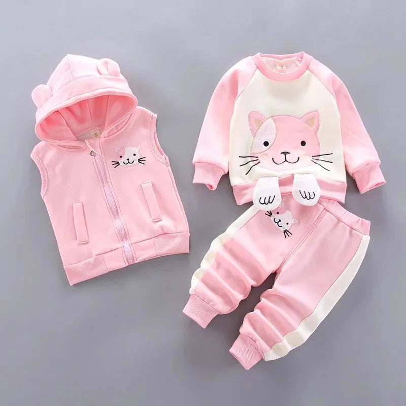 Giggles And Grab Pink / 4T Baby Boys And Girls Clothing Set Tricken Fleece Children Hooded Outerwear Tops Pants 3PCS Outfits Kids Toddler Warm Costume Suit