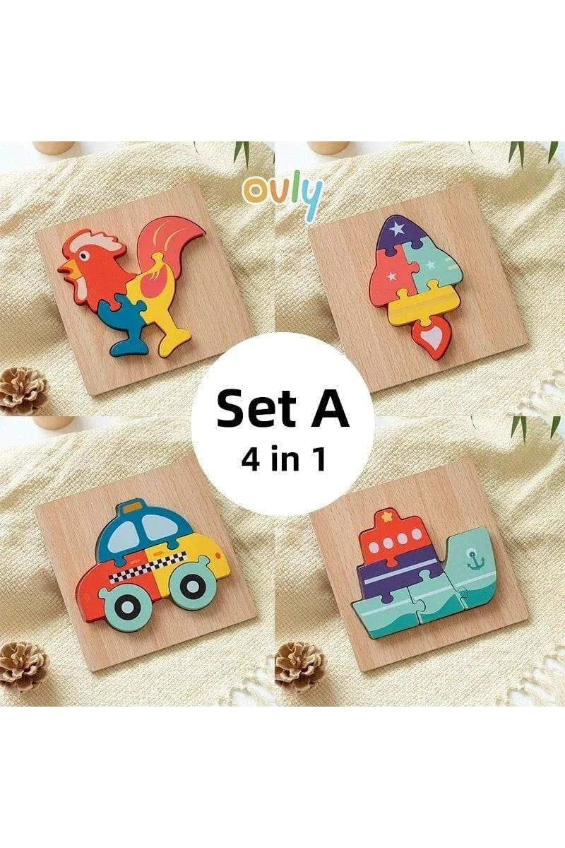 4Pcs 3D Wooden Animal Puzzle - Early Education Development Toys for Toddlers (2-3 Years) - Giggles And Grab