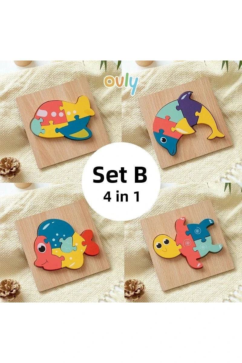 4Pcs 3D Wooden Animal Puzzle - Early Education Development Toys for Toddlers (2-3 Years) - Giggles And Grab