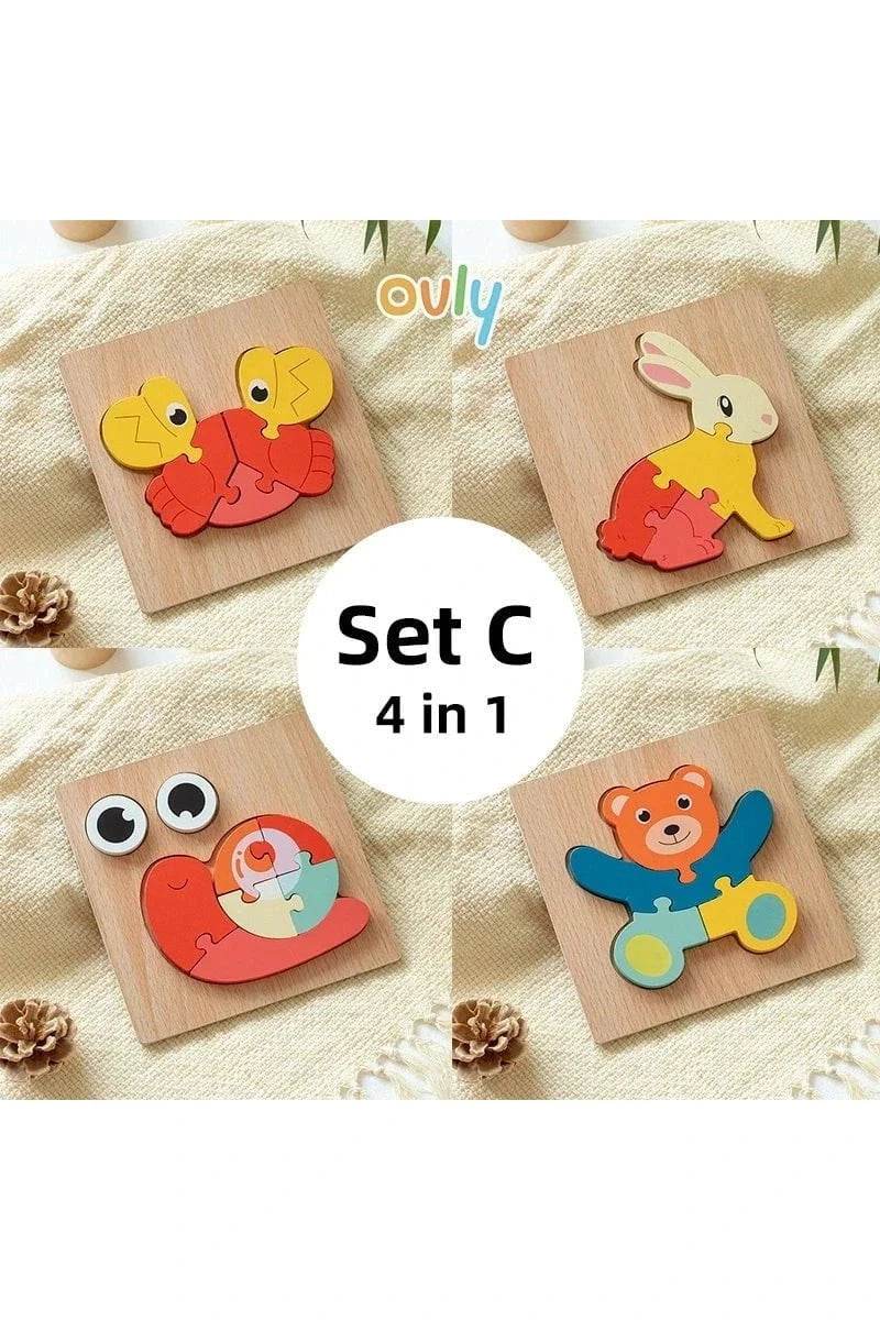4Pcs 3D Wooden Animal Puzzle - Early Education Development Toys for Toddlers (2-3 Years) - Giggles And Grab