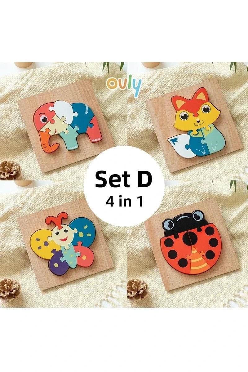 4Pcs 3D Wooden Animal Puzzle - Early Education Development Toys for Toddlers (2-3 Years) - Giggles And Grab