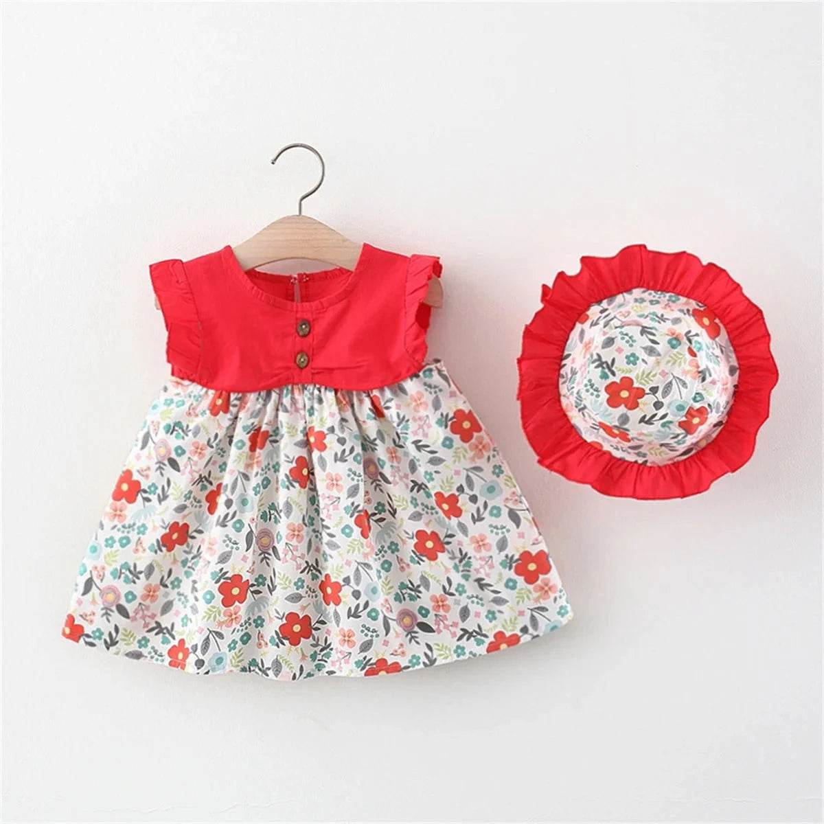 2-Piece Baby Girl Beach Outfit Baby Floral Patchwork Sleeveless Sweet Loose Fitting Dress + Sun Hat Children's Sweet Clothes - Giggles And Grab