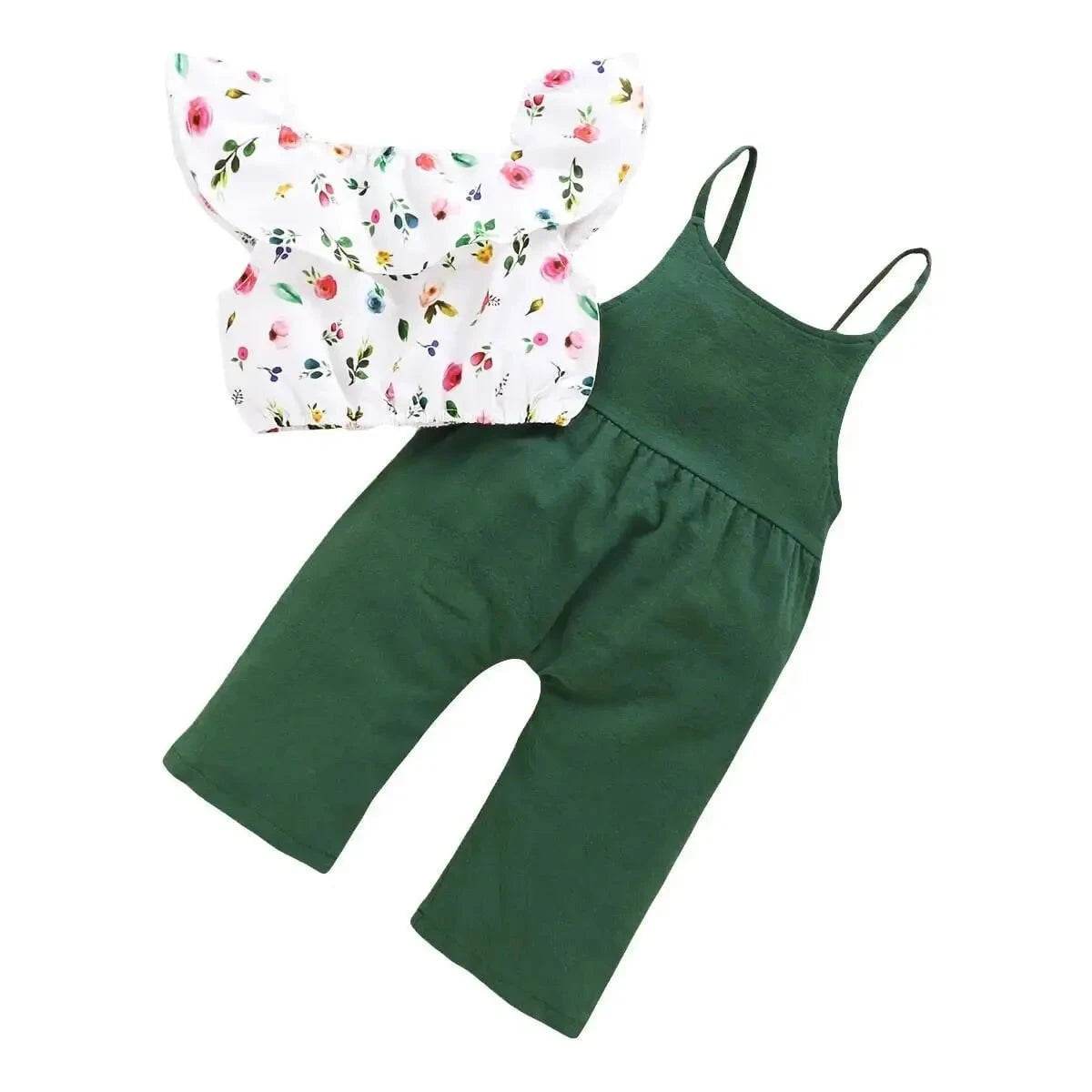 Toddler Girl Set 1-5 Years Kids Baby Girl Clothes Set Floral Print Lotus Leaf Short Top + Suspender Pant Fashion Cute 2PCS Outfit - Giggles And Grab