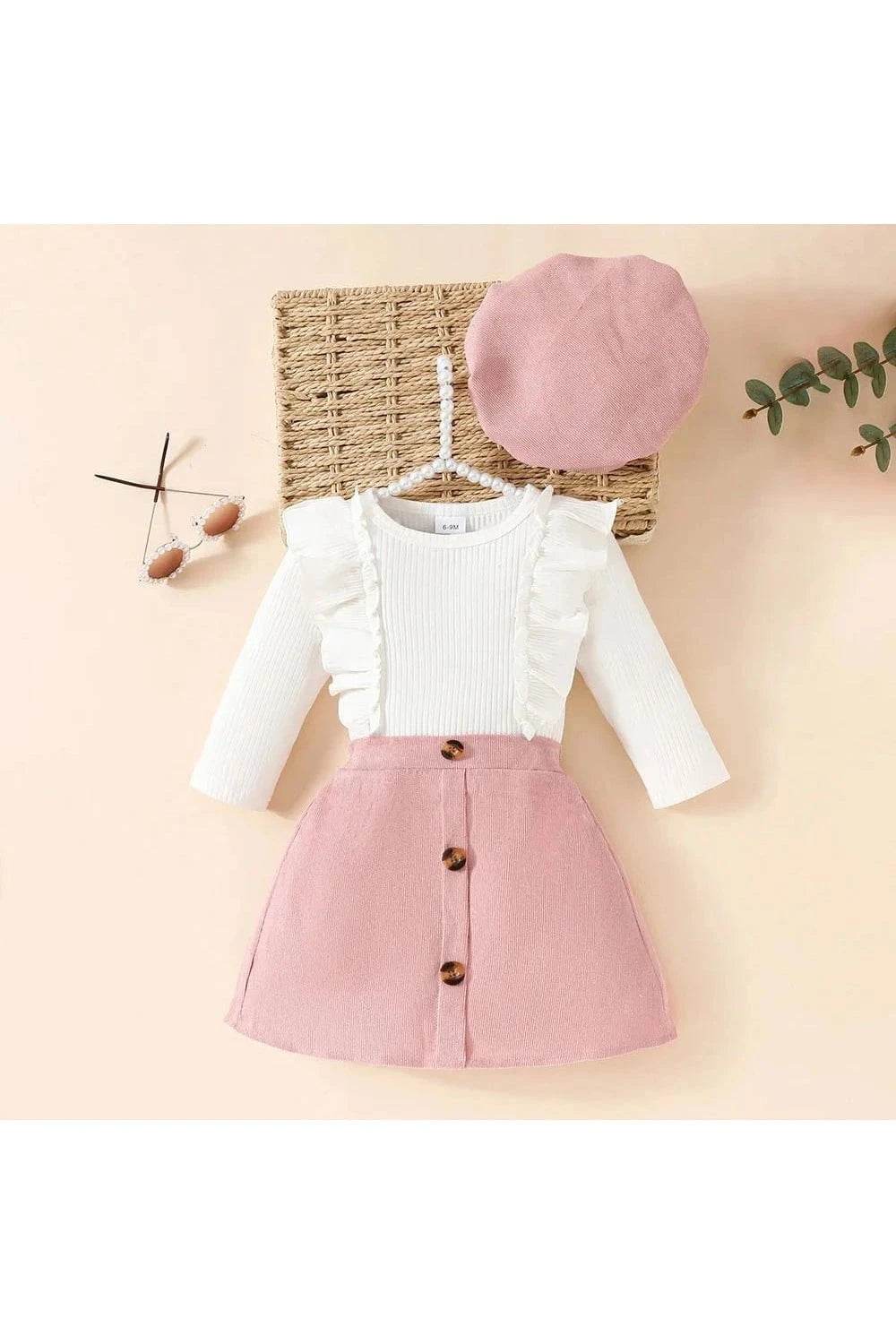 Spring & Autumn Baby Girl Clothes Set – 3-Piece Toddler Outfit with Solid Top, Elastic Waist Skirt & Beret (0-3Y) - Giggles And Grab