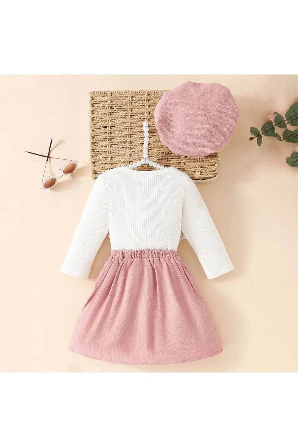 Spring & Autumn Baby Girl Clothes Set – 3-Piece Toddler Outfit with Solid Top, Elastic Waist Skirt & Beret (0-3Y) - Giggles And Grab