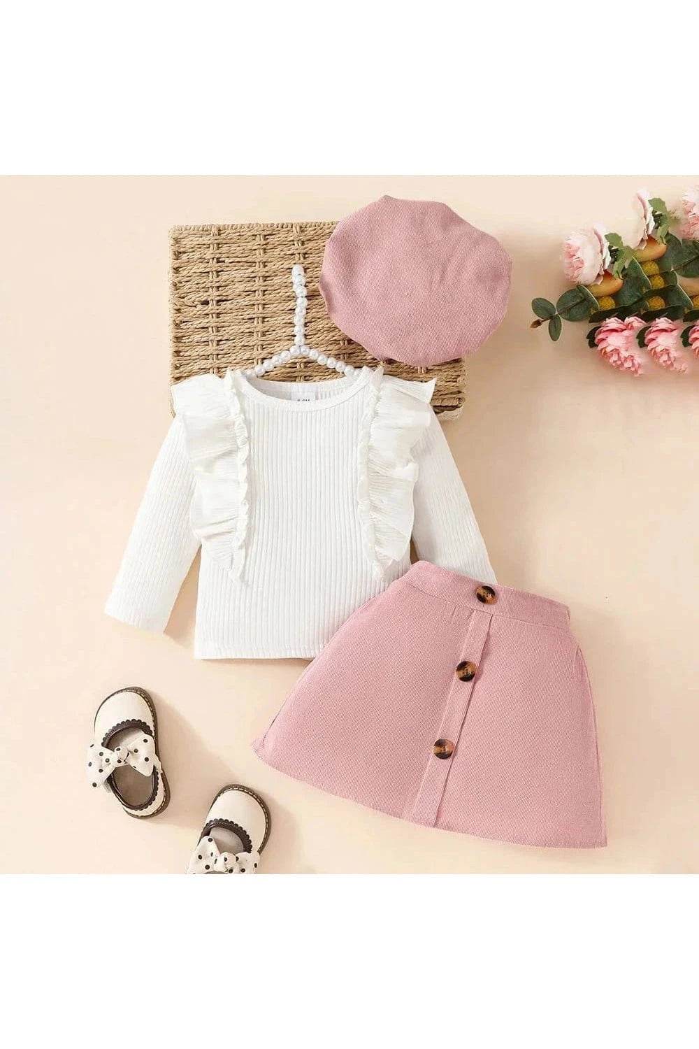 Spring & Autumn Baby Girl Clothes Set – 3-Piece Toddler Outfit with Solid Top, Elastic Waist Skirt & Beret (0-3Y) - Giggles And Grab