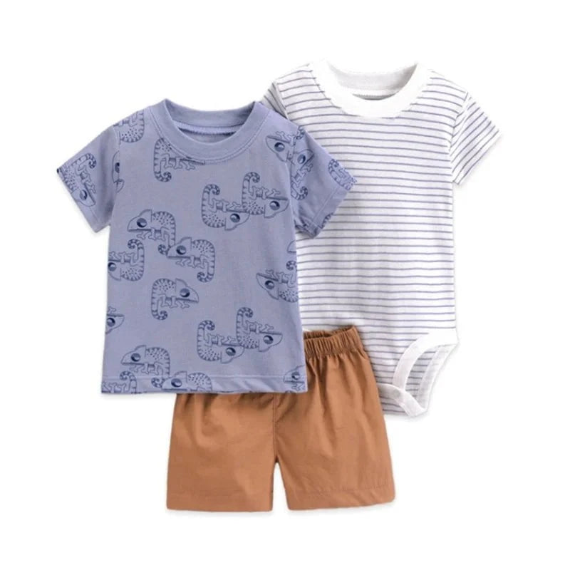 Giggles And Grab Summer newborn baby boy set B / 24M Summer Newborn Baby Boy Set 6-24M – Cute Cartoon Dinosaur Cotton Clothing, Short Sleeve + Shorts + Jumpsuit 3PCS Infant Outfits"