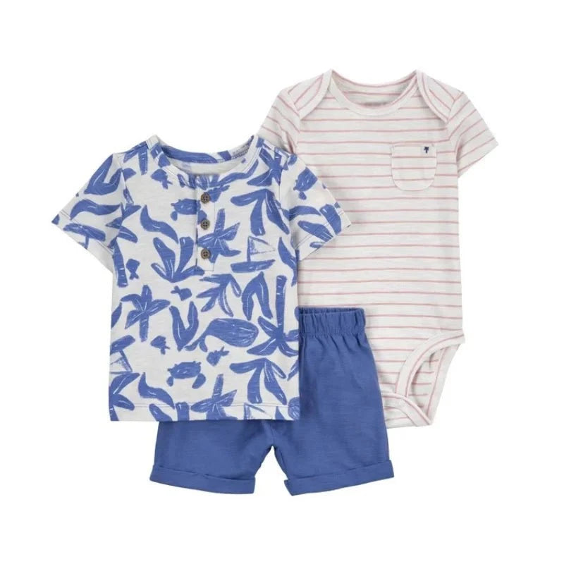 Giggles And Grab Summer newborn baby boy set F / 6M Summer Newborn Baby Boy Set 6-24M – Cute Cartoon Dinosaur Cotton Clothing, Short Sleeve + Shorts + Jumpsuit 3PCS Infant Outfits"