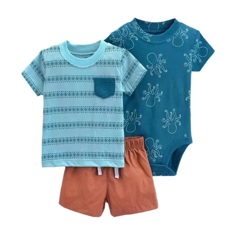 Giggles And Grab Summer newborn baby boy set H / 9M Summer Newborn Baby Boy Set 6-24M – Cute Cartoon Dinosaur Cotton Clothing, Short Sleeve + Shorts + Jumpsuit 3PCS Infant Outfits"