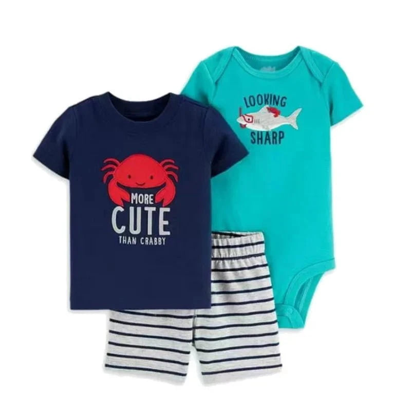 Giggles And Grab Summer newborn baby boy set I / 18M Summer Newborn Baby Boy Set 6-24M – Cute Cartoon Dinosaur Cotton Clothing, Short Sleeve + Shorts + Jumpsuit 3PCS Infant Outfits"