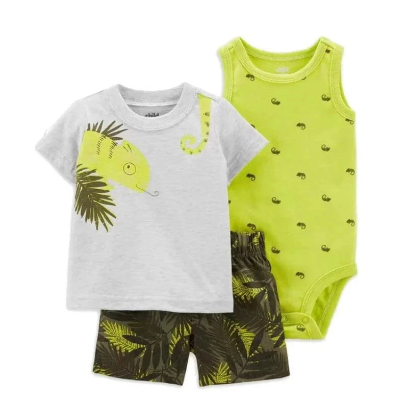 Giggles And Grab Summer newborn baby boy set J / 24M Summer Newborn Baby Boy Set 6-24M – Cute Cartoon Dinosaur Cotton Clothing, Short Sleeve + Shorts + Jumpsuit 3PCS Infant Outfits"