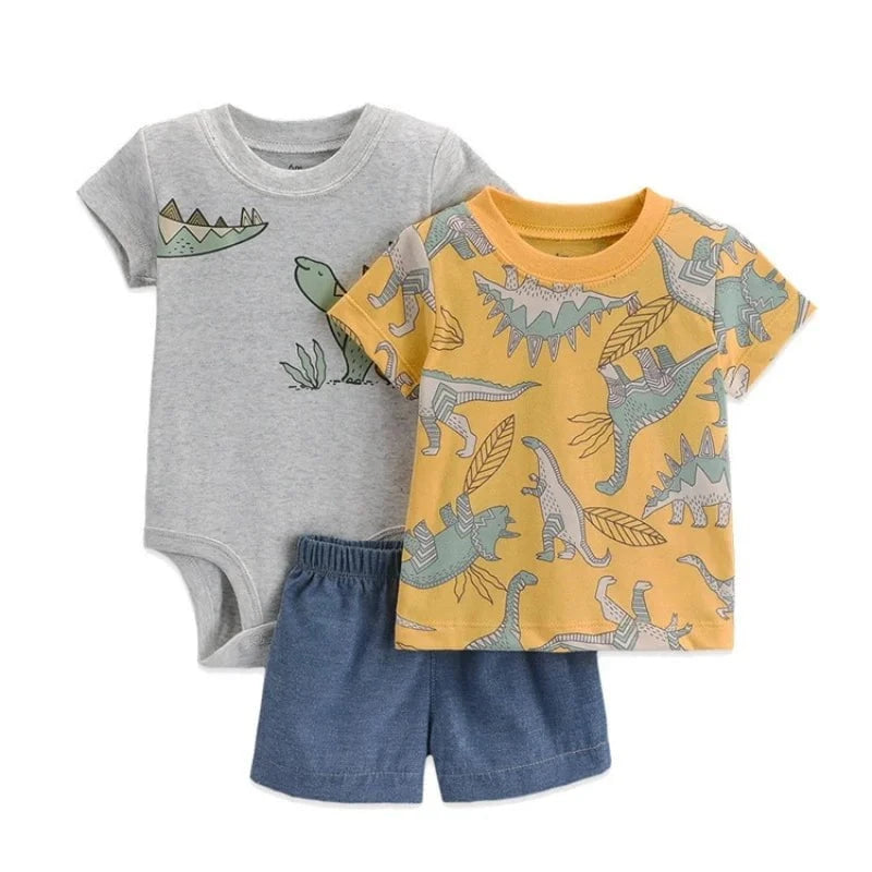 Giggles And Grab Summer newborn baby boy set K / 24M Summer Newborn Baby Boy Set 6-24M – Cute Cartoon Dinosaur Cotton Clothing, Short Sleeve + Shorts + Jumpsuit 3PCS Infant Outfits"