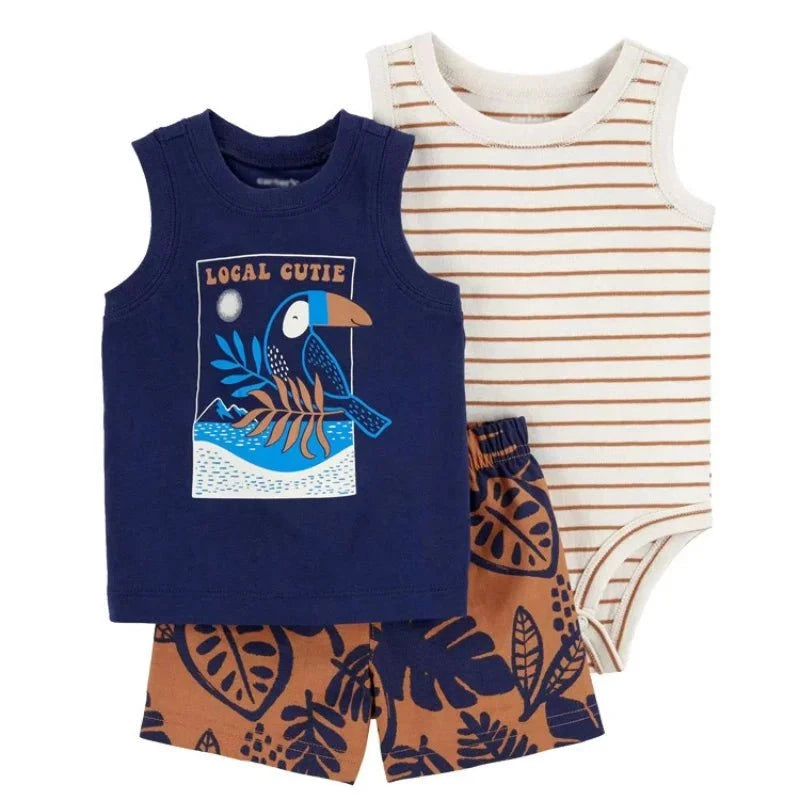 Giggles And Grab Summer newborn baby boy set M / 24M Summer Newborn Baby Boy Set 6-24M – Cute Cartoon Dinosaur Cotton Clothing, Short Sleeve + Shorts + Jumpsuit 3PCS Infant Outfits"