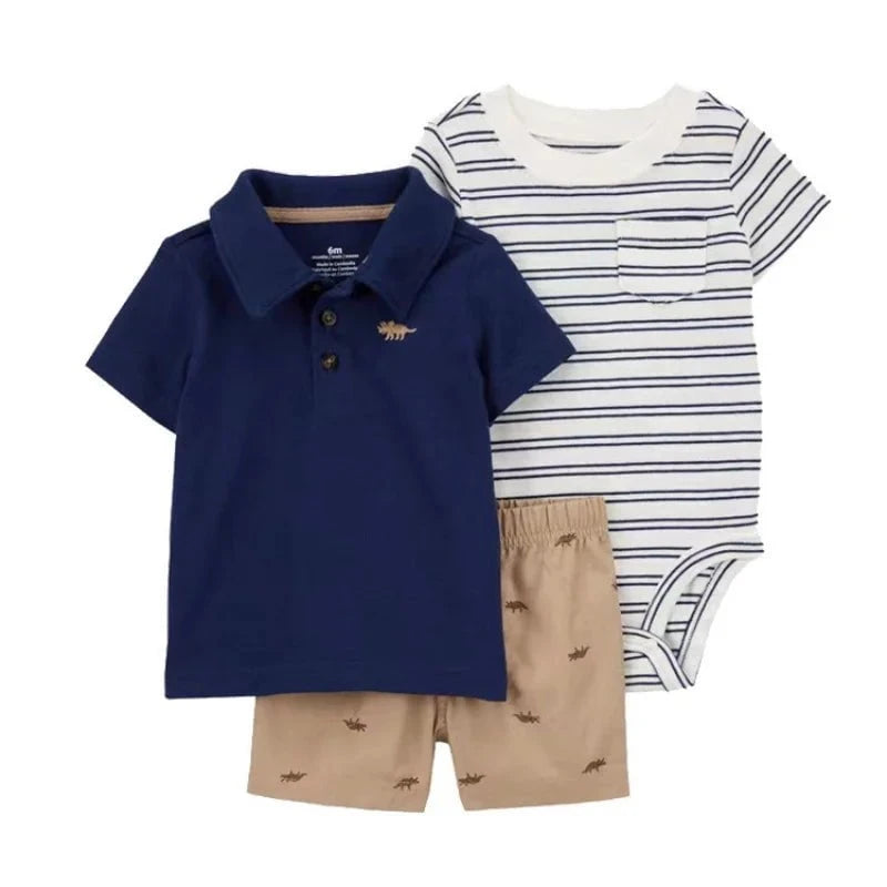 Giggles And Grab Summer newborn baby boy set Summer Newborn Baby Boy Set 6-24M – Cute Cartoon Dinosaur Cotton Clothing, Short Sleeve + Shorts + Jumpsuit 3PCS Infant Outfits"