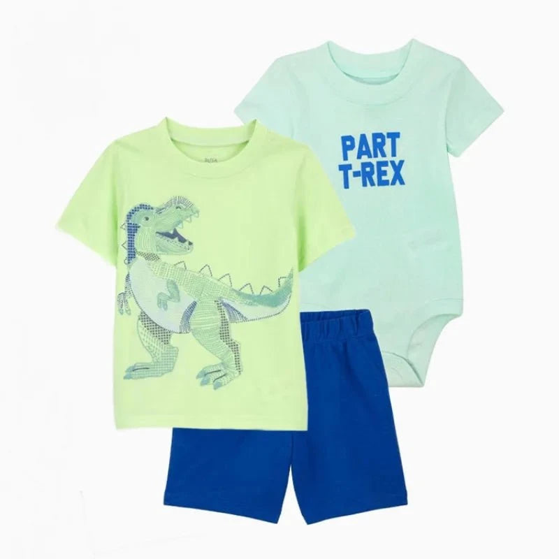 Giggles And Grab Summer newborn baby boy set Summer Newborn Baby Boy Set 6-24M – Cute Cartoon Dinosaur Cotton Clothing, Short Sleeve + Shorts + Jumpsuit 3PCS Infant Outfits"