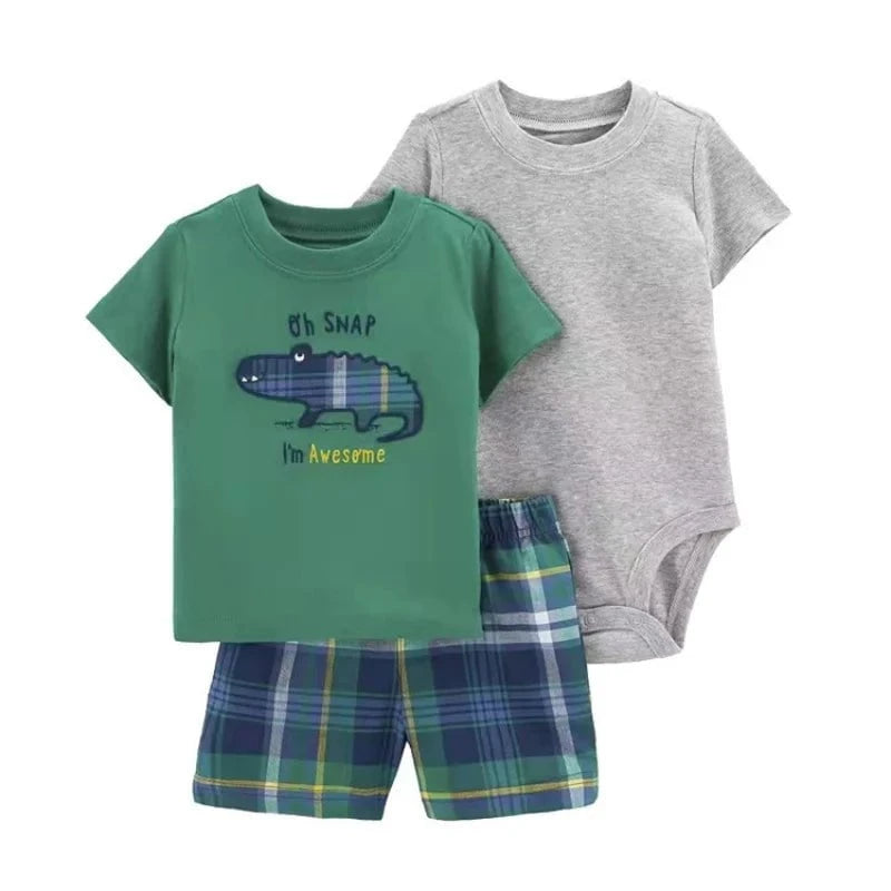 Giggles And Grab Summer newborn baby boy set Summer Newborn Baby Boy Set 6-24M – Cute Cartoon Dinosaur Cotton Clothing, Short Sleeve + Shorts + Jumpsuit 3PCS Infant Outfits"