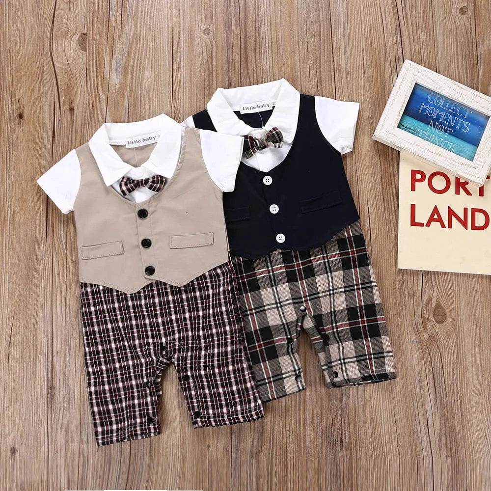 Summer Newborn Baby Romper Infant Boy Gentleman Suit Formal Bow Tie Romper Jumpsuit Baby Boy Clothes Outfits 0-3T - Giggles And Grab