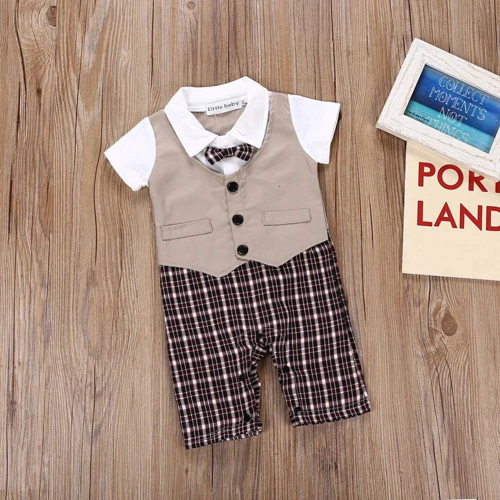 Summer Newborn Baby Romper Infant Boy Gentleman Suit Formal Bow Tie Romper Jumpsuit Baby Boy Clothes Outfits 0-3T - Giggles And Grab