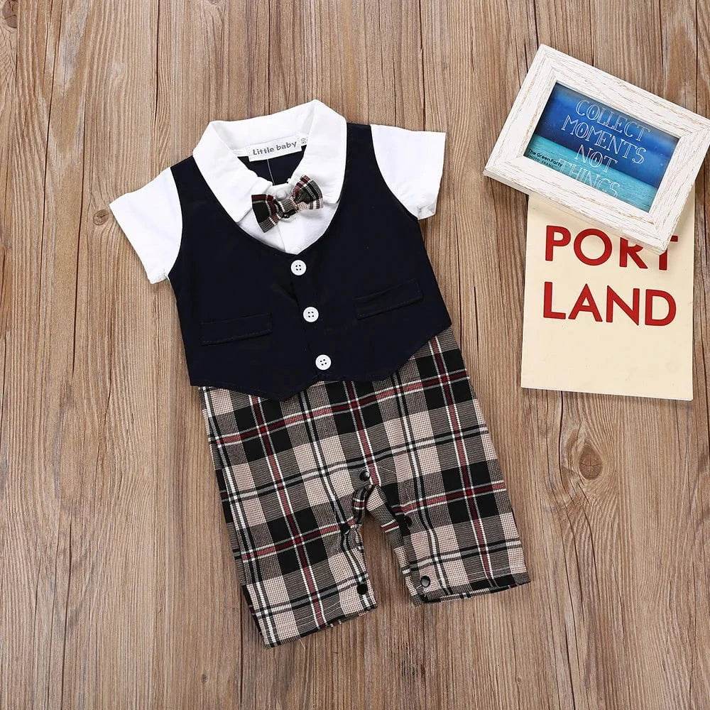 Summer Newborn Baby Romper Infant Boy Gentleman Suit Formal Bow Tie Romper Jumpsuit Baby Boy Clothes Outfits 0-3T - Giggles And Grab