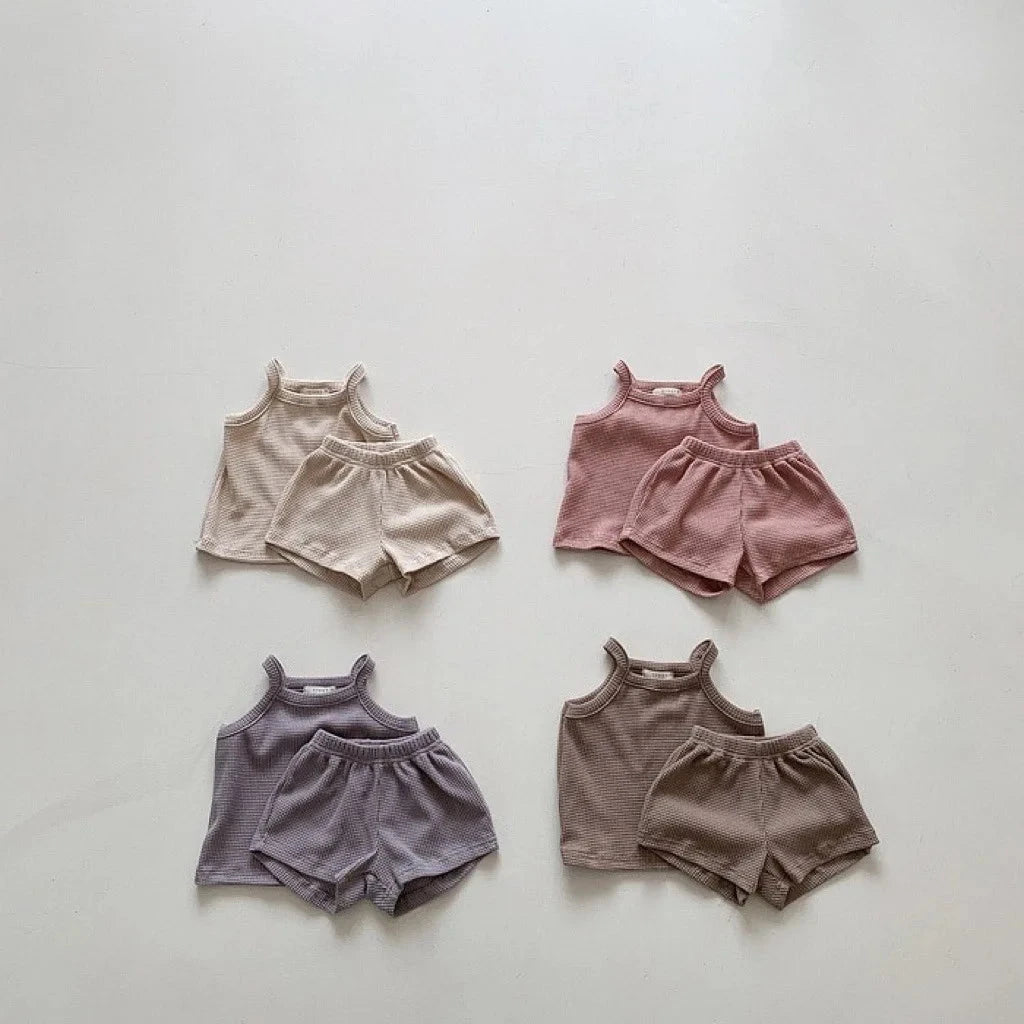 Giggles And Grab Summer set for girls 2025 Summer New Baby Sleeveless Clothes Set Solid Infant Sling Vest + Shorts 2pcs Suit Boy Girl Thin Cotton Toddler Outfits"