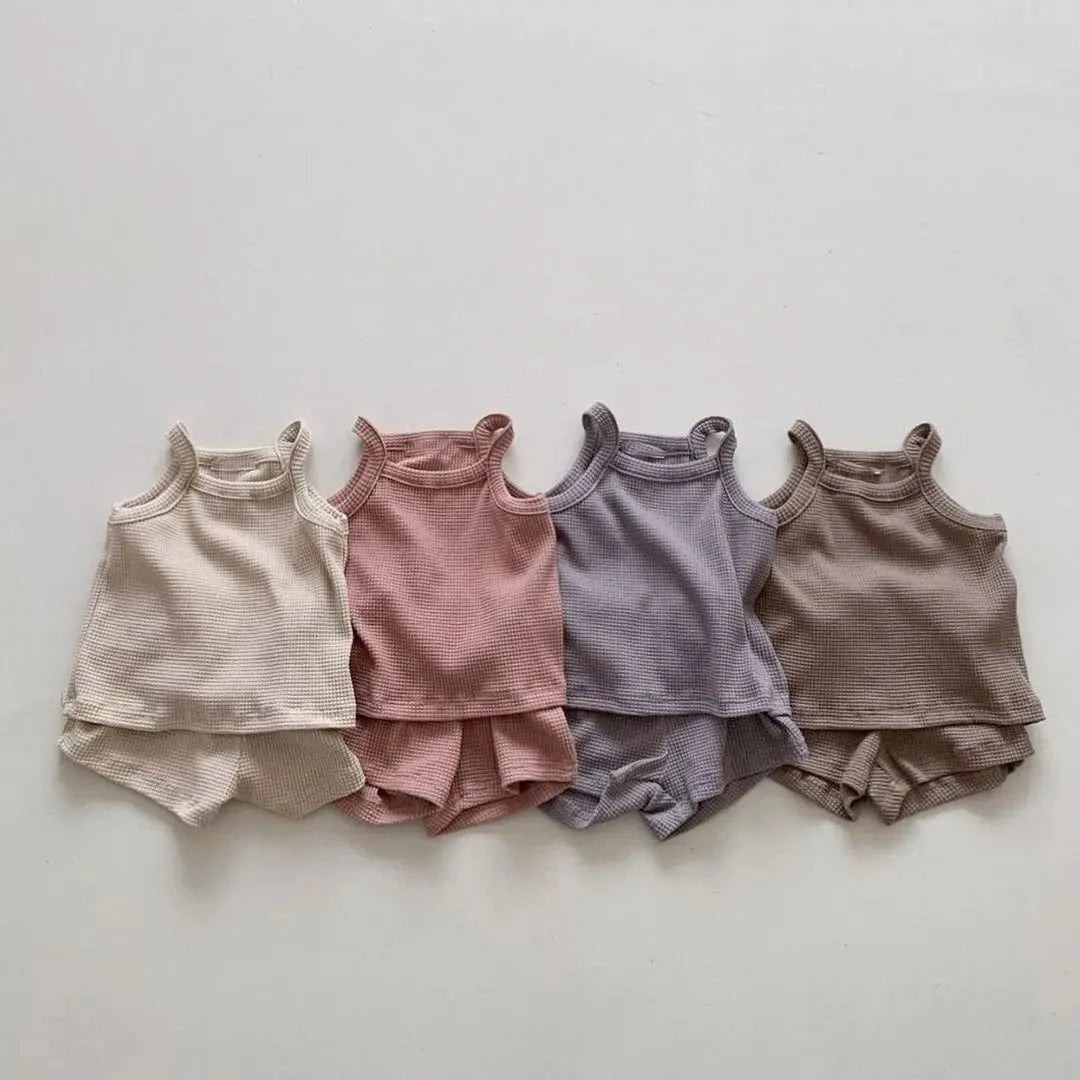 Giggles And Grab Summer set for girls 2025 Summer New Baby Sleeveless Clothes Set Solid Infant Sling Vest + Shorts 2pcs Suit Boy Girl Thin Cotton Toddler Outfits"