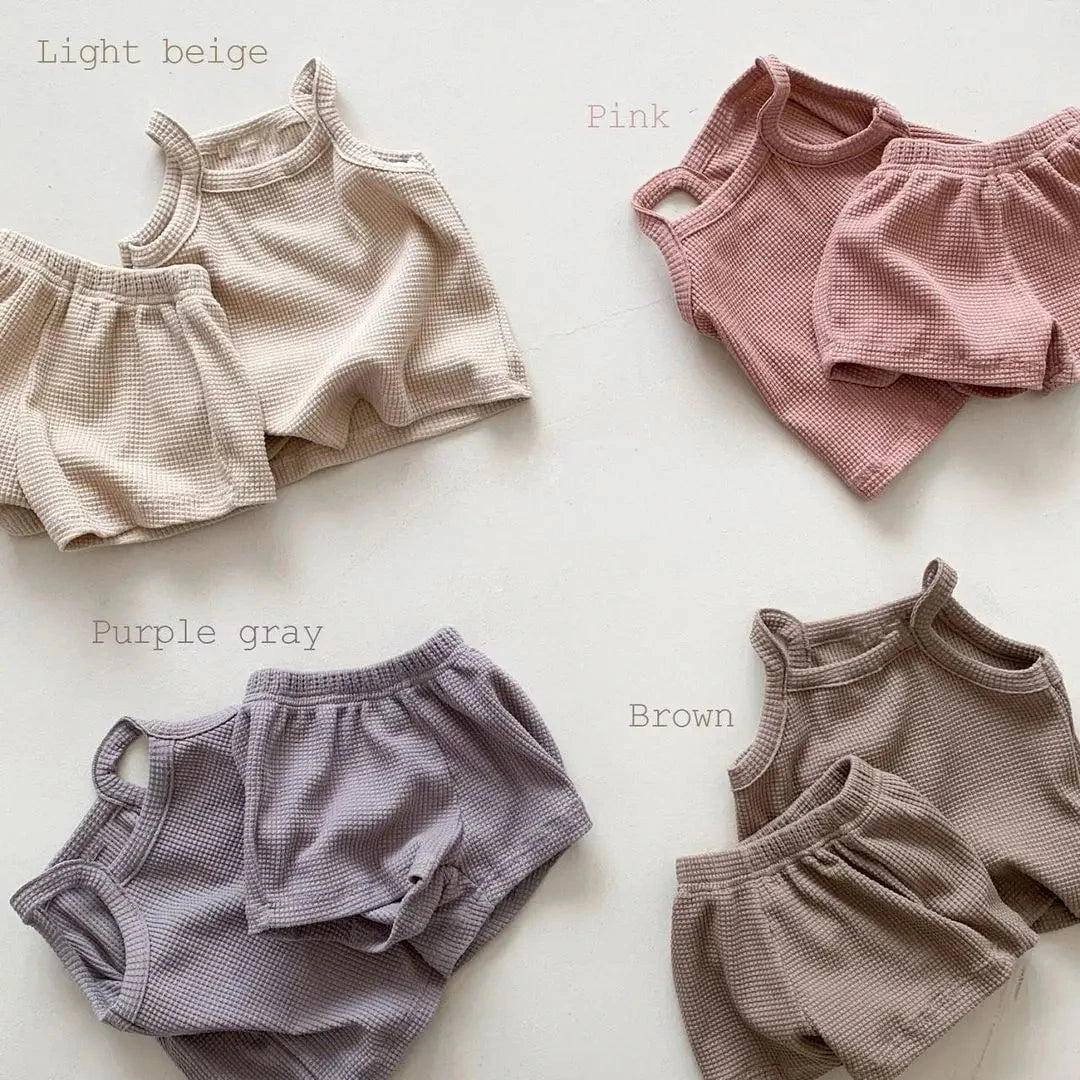 Giggles And Grab Summer set for girls 2025 Summer New Baby Sleeveless Clothes Set Solid Infant Sling Vest + Shorts 2pcs Suit Boy Girl Thin Cotton Toddler Outfits"