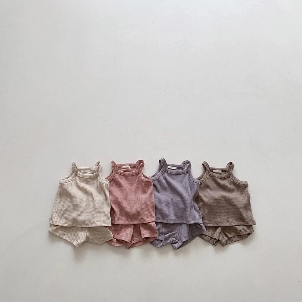 Giggles And Grab Summer set for girls 2025 Summer New Baby Sleeveless Clothes Set Solid Infant Sling Vest + Shorts 2pcs Suit Boy Girl Thin Cotton Toddler Outfits"