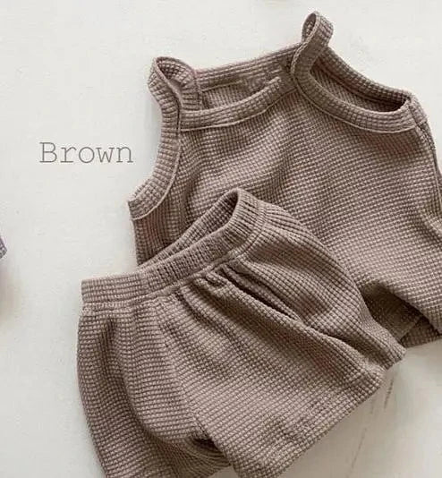 Giggles And Grab Summer set for girls brown / 9M 73cm 2025 Summer New Baby Sleeveless Clothes Set Solid Infant Sling Vest + Shorts 2pcs Suit Boy Girl Thin Cotton Toddler Outfits"