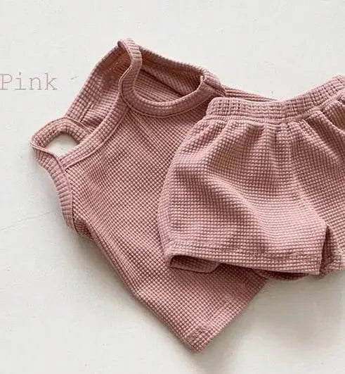 Giggles And Grab Summer set for girls pink / 9M 73cm 2025 Summer New Baby Sleeveless Clothes Set Solid Infant Sling Vest + Shorts 2pcs Suit Boy Girl Thin Cotton Toddler Outfits"