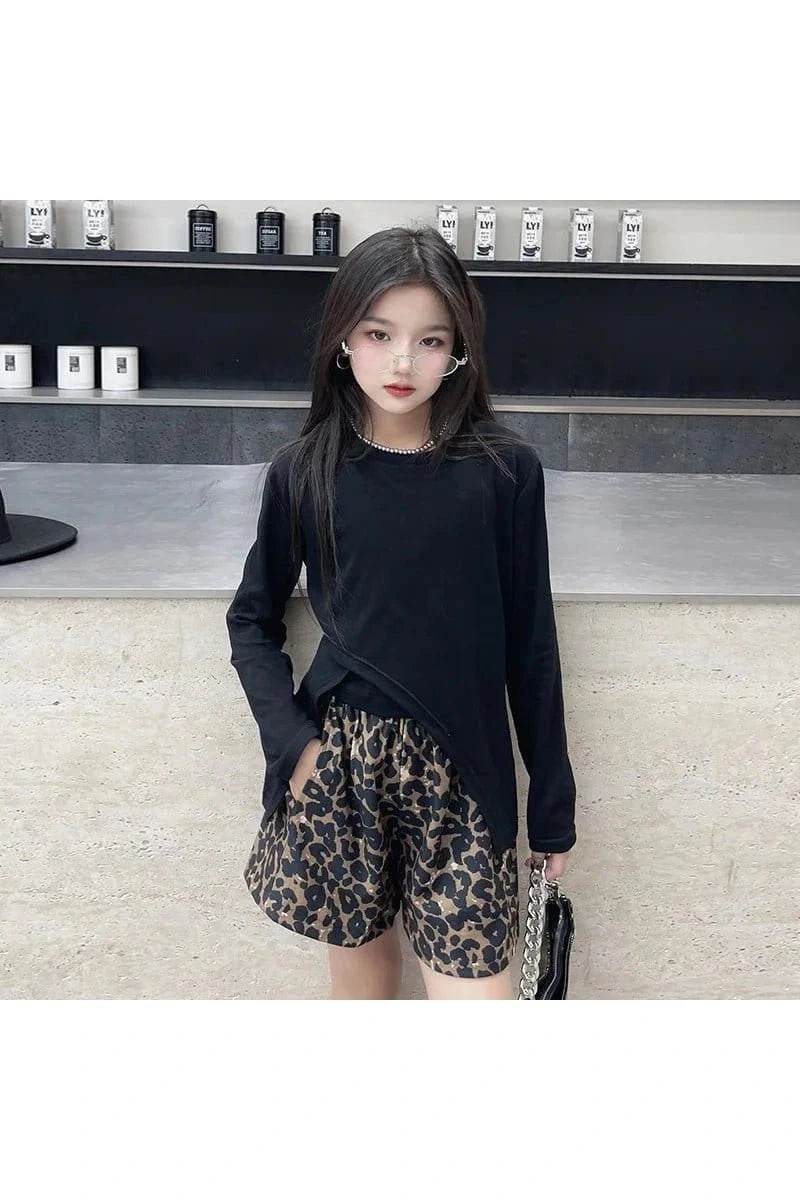 Summer & Autumn Korean Teen Girls 3-Piece Outfit Set – Irregular T-Shirt, Vest & Leopard Print Shorts - Giggles And Grab