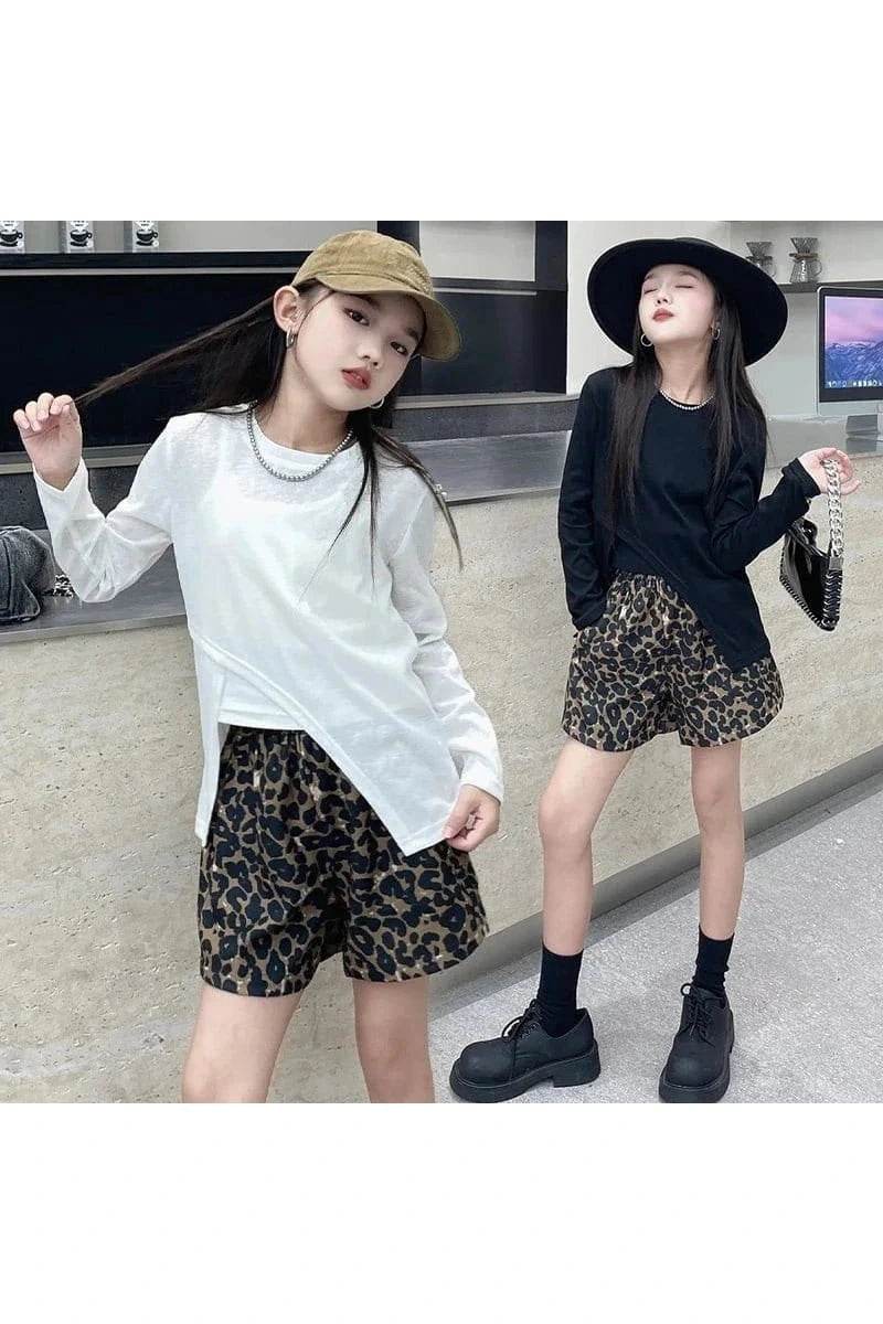 Summer & Autumn Korean Teen Girls 3-Piece Outfit Set – Irregular T-Shirt, Vest & Leopard Print Shorts - Giggles And Grab