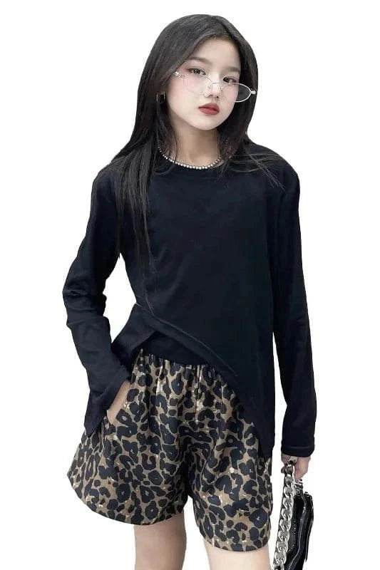 Summer & Autumn Korean Teen Girls 3-Piece Outfit Set – Irregular T-Shirt, Vest & Leopard Print Shorts - Giggles And Grab