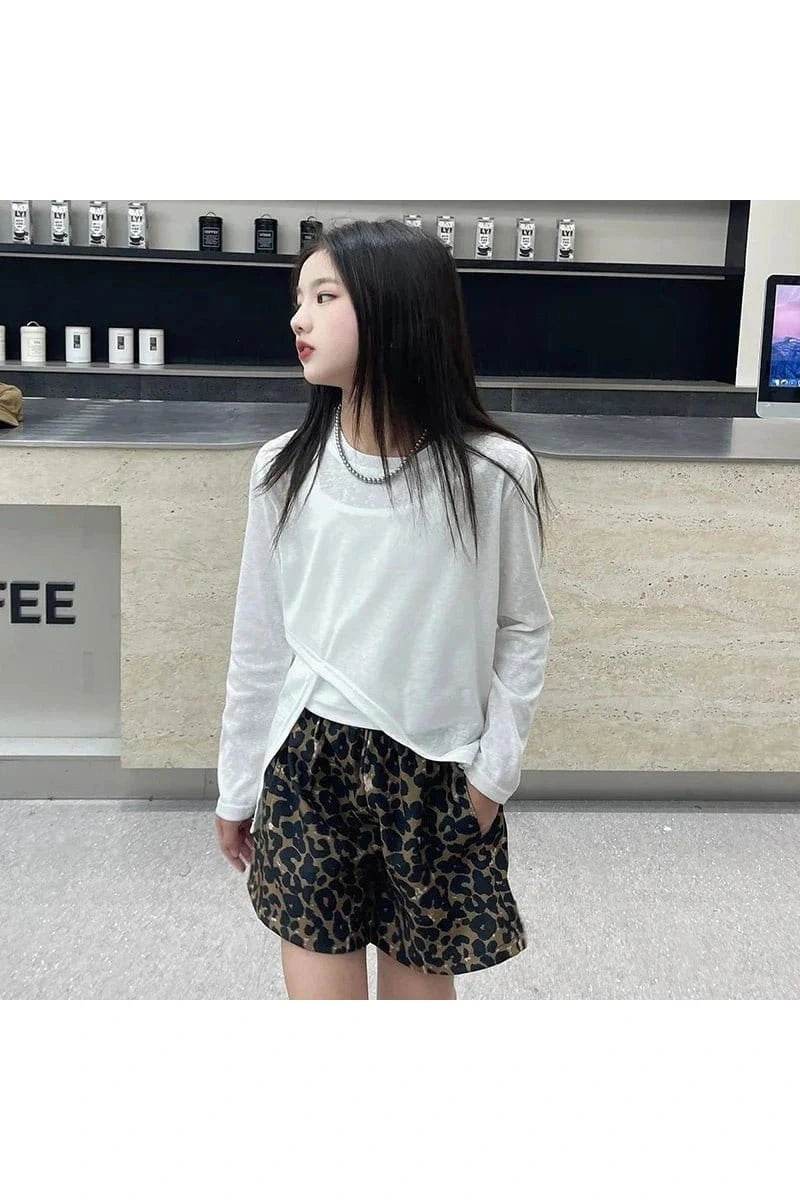 Summer & Autumn Korean Teen Girls 3-Piece Outfit Set – Irregular T-Shirt, Vest & Leopard Print Shorts - Giggles And Grab